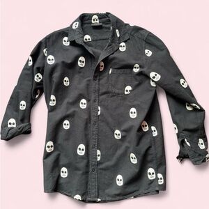 Black Skull Print Button-Up Shirt for Kids